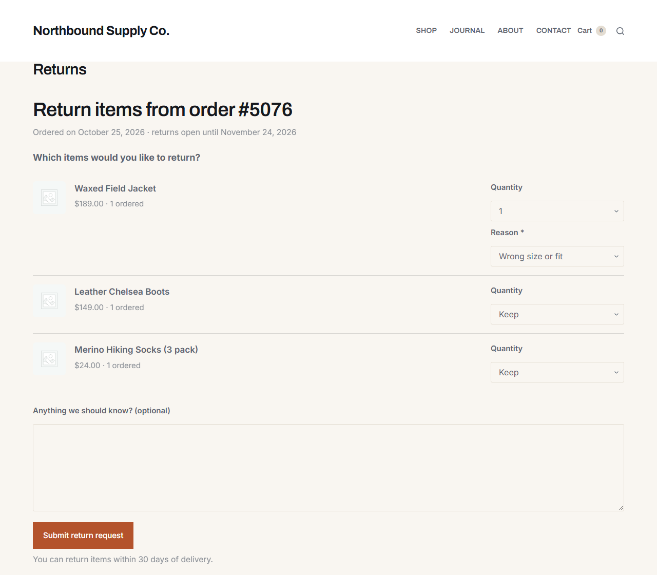 The customer's return form: items, quantities and reasons.