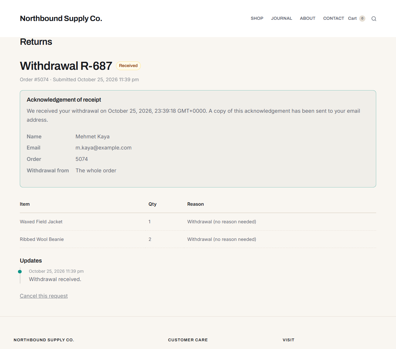 The withdrawal acknowledgement shown to the customer, with the date and time.