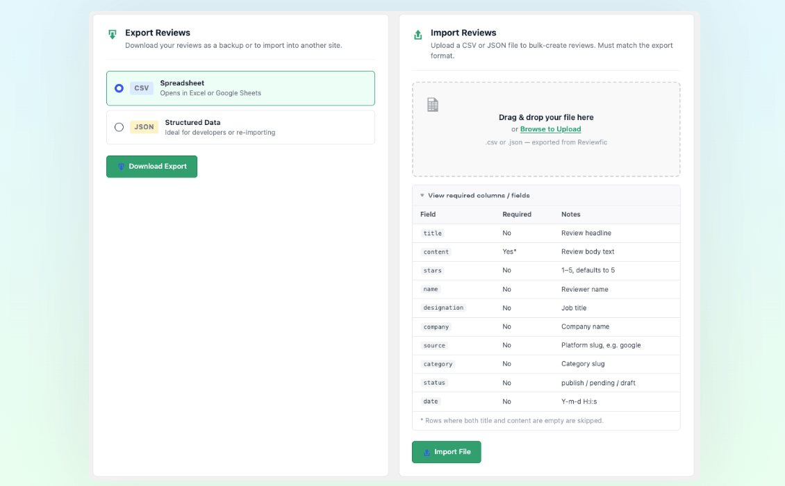 CSV & JSON Import / Export โ One-click bulk export and import tool for CSV and JSON format review migration without database lock-in.