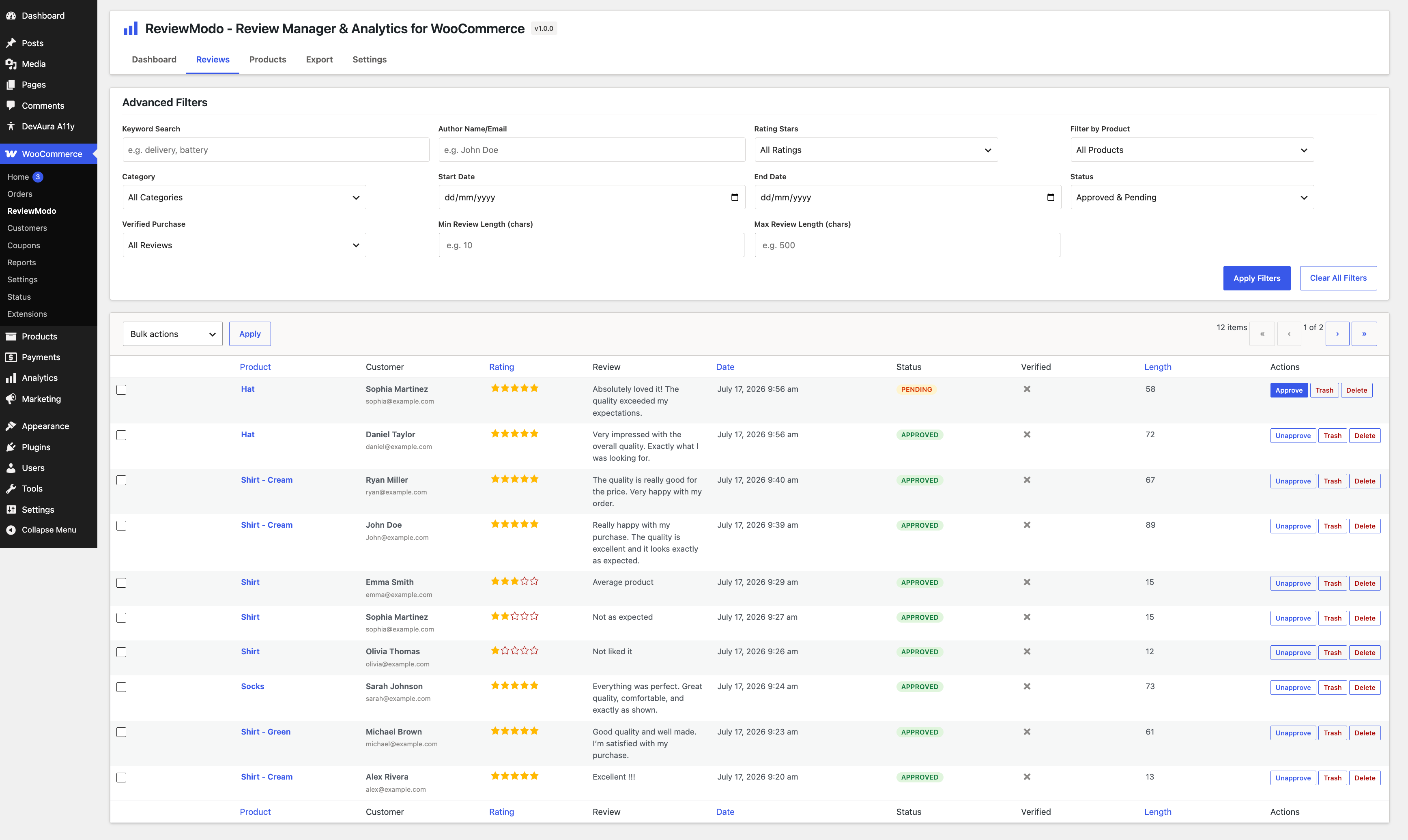 The Review Moderation page with advanced filters, search, and bulk actions.