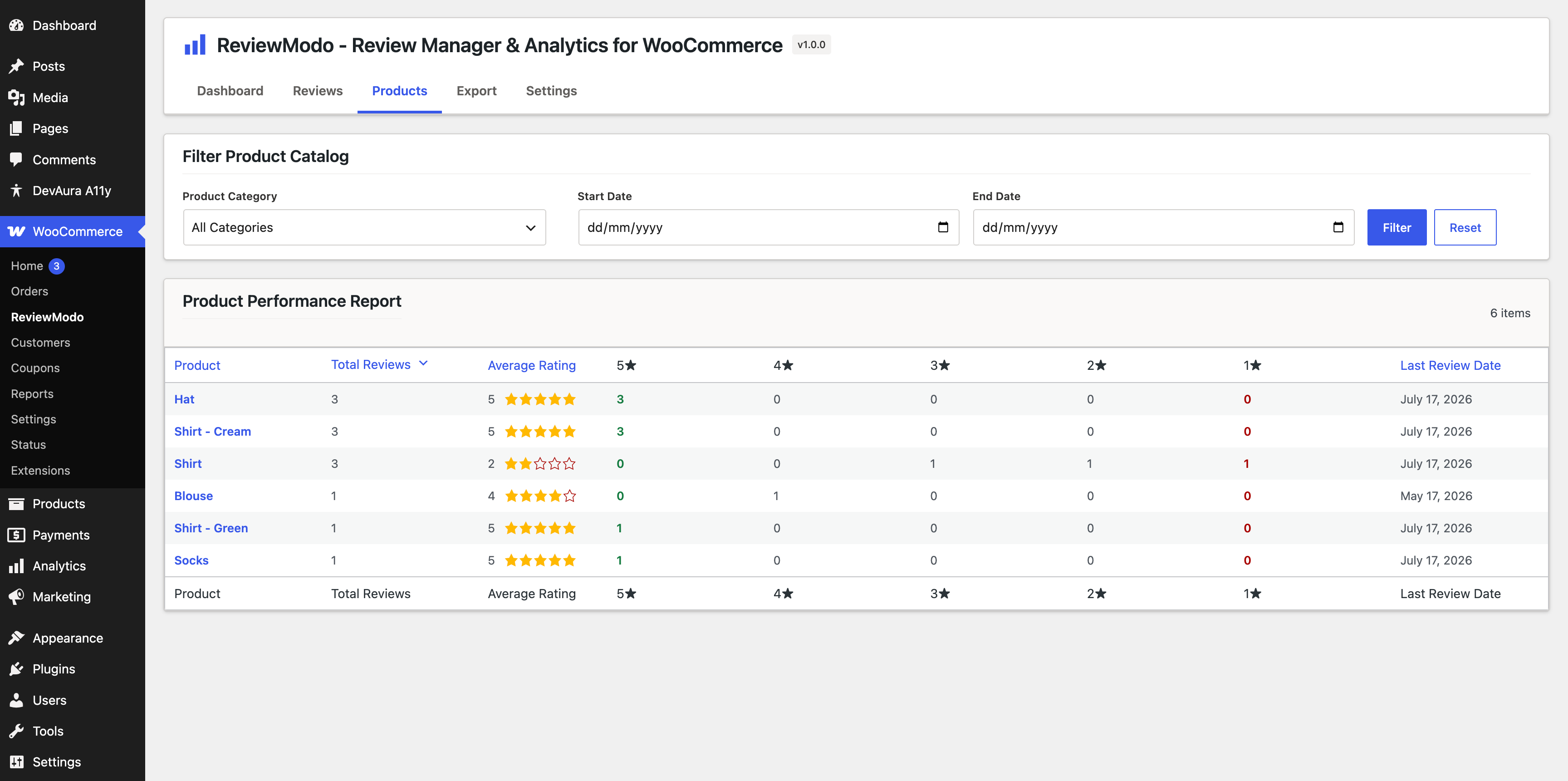 The Products Page listing all catalog products with aggregated review counts and average ratings.