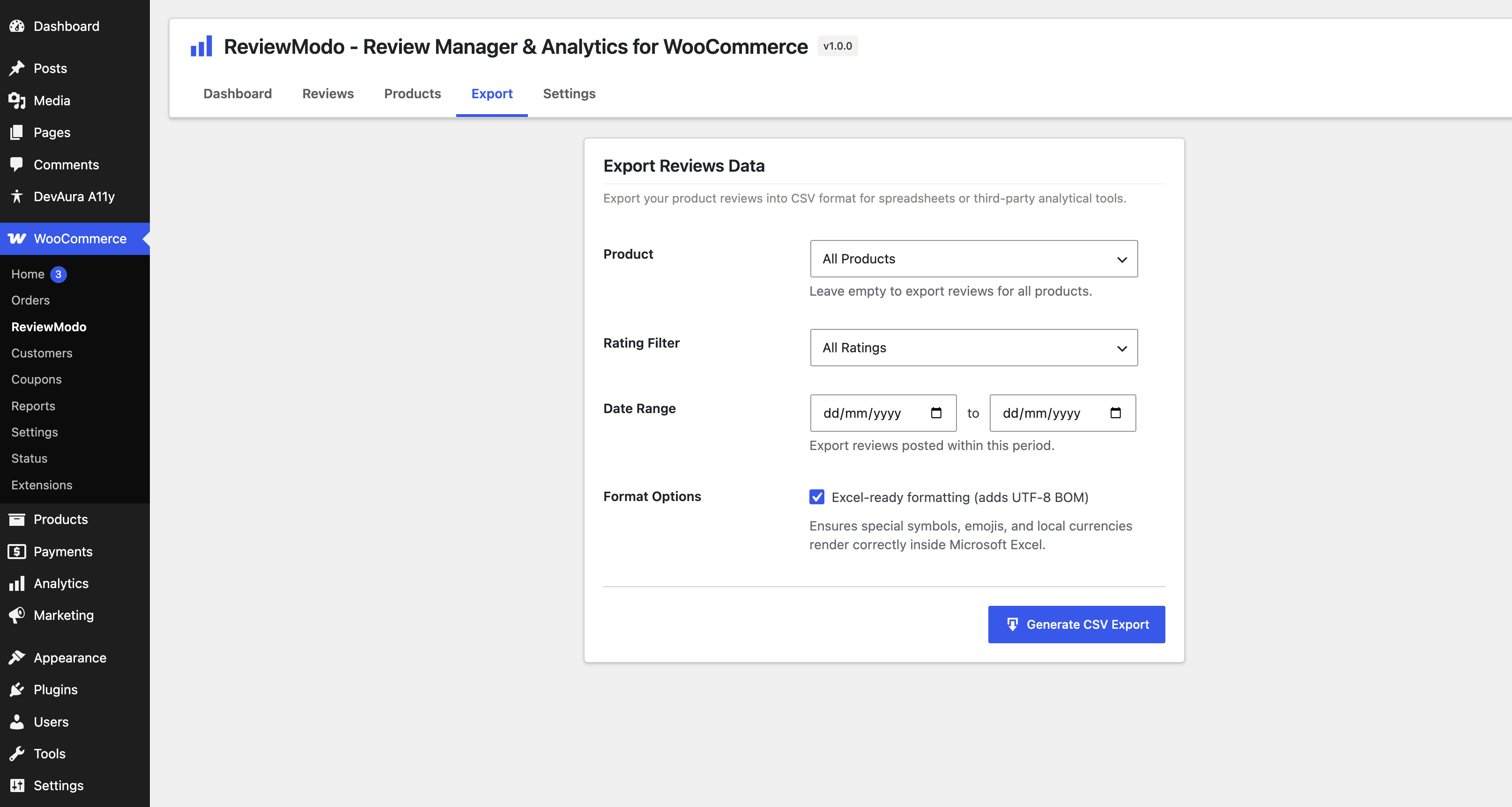 The Export Page allowing store owners to filter and export product reviews to an Excel-friendly CSV.