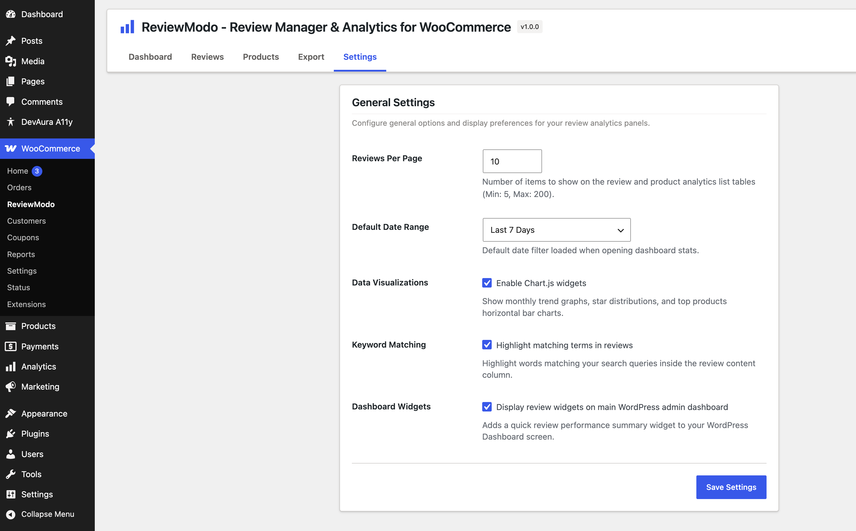 The Settings Page for configuring options like default date range, page size, and graph visibility.
