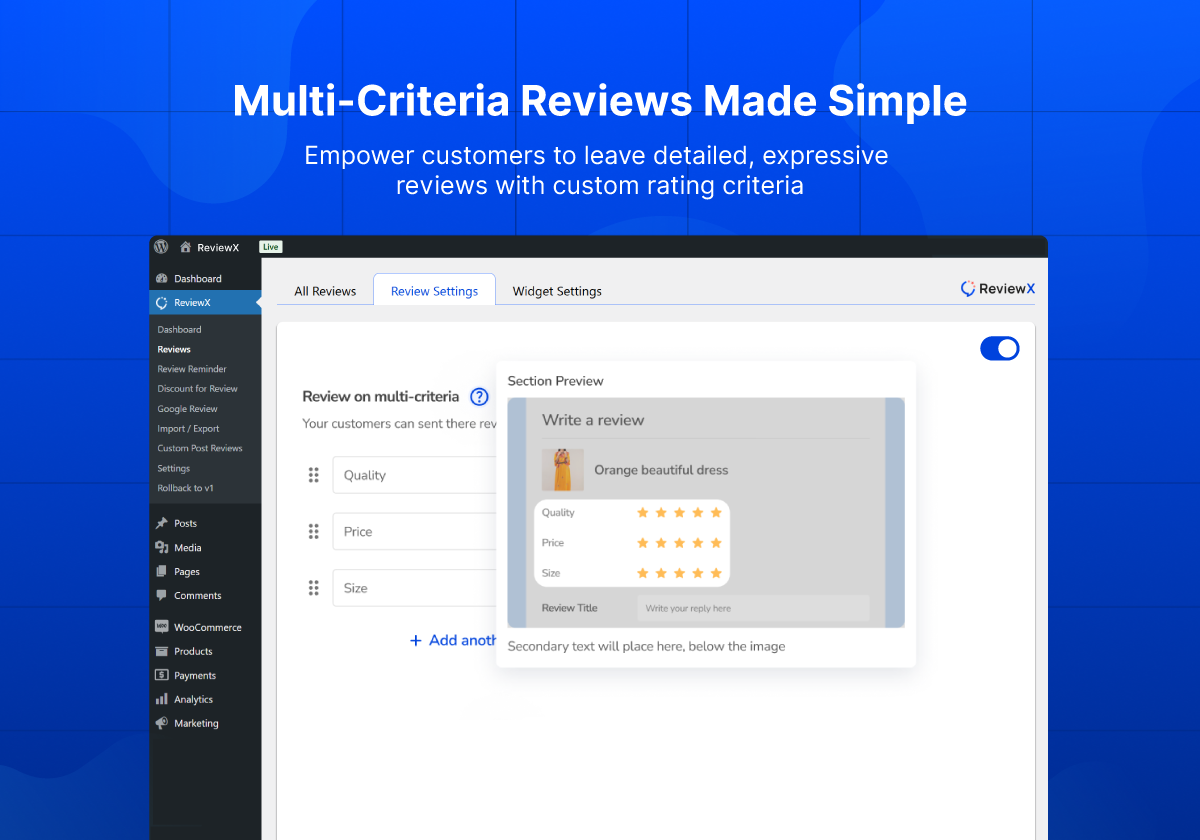ReviewX – Avaliações de produtos do WooCommerce com vários critérios, e-mails de lembrete, avaliações do Google, esquema e outros