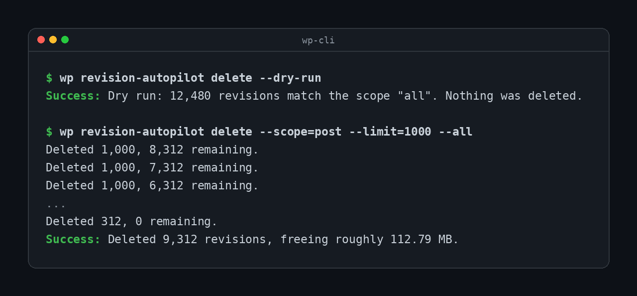 Deletion is bounded from the command line too. --dry-run reports a scope without touching it, and --all repeats one batch at a time.