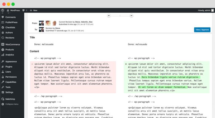 Preview and Compare Revisions: Every requested change can be reviewed in the normal "Compare Revisions" interface in WordPress.