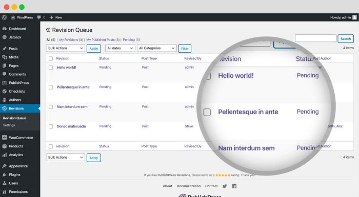 Manage and Moderate Revisions: PublishPress Revisions has a Revision Queue screen where you can search, approve, or deny changes to a published post's content.