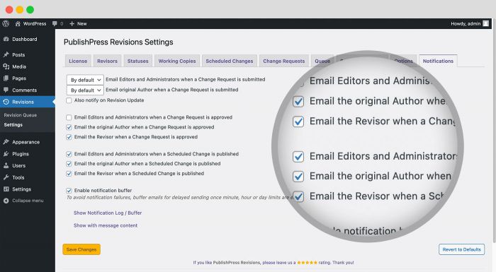 Email Notifications for Revisions: Administrators and Editors are notified by email when a new revision is submitted. PublishPress Revisions can also send emails for revision approval and publication.