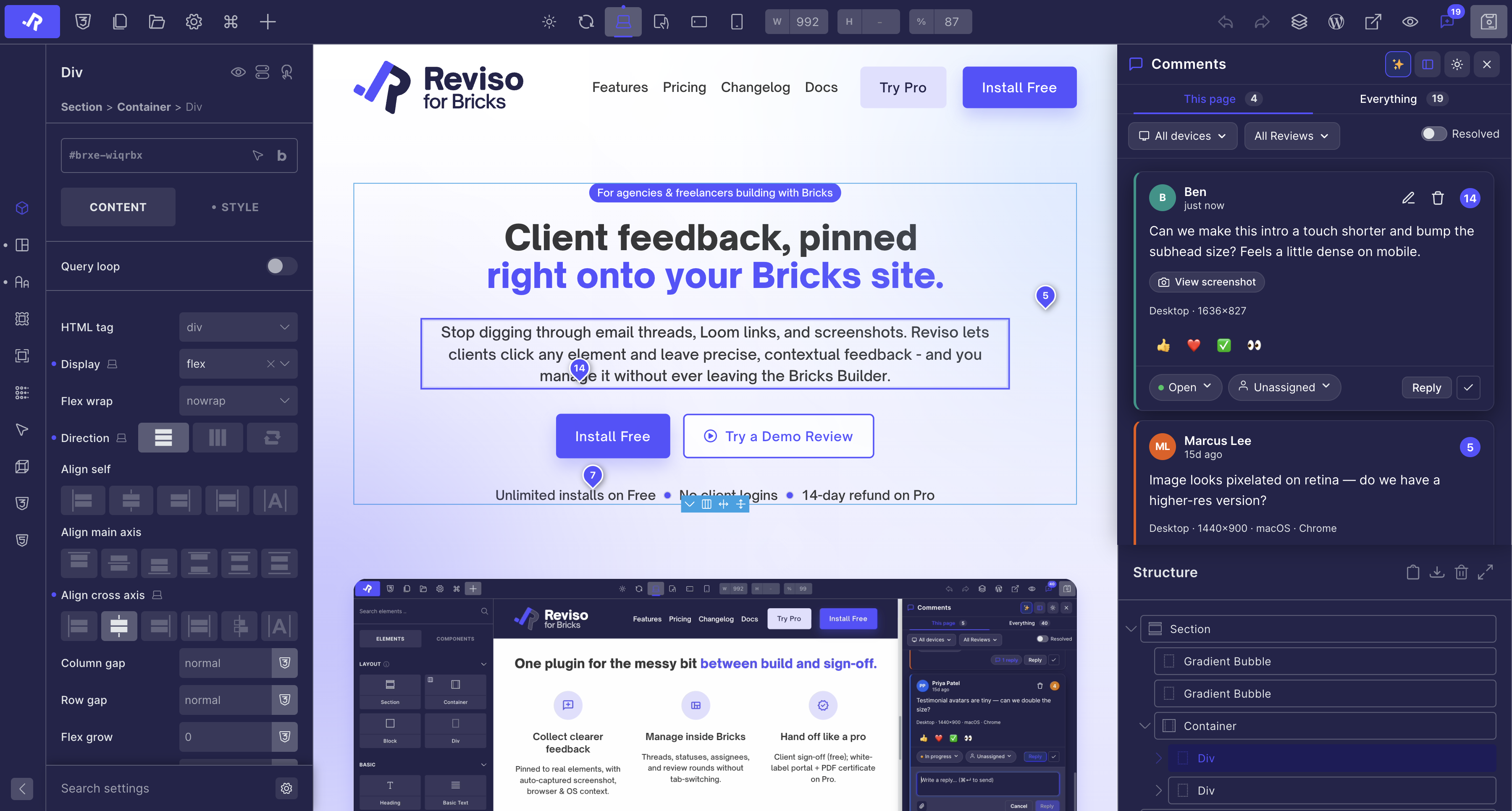 Comment overlay in Bricks Builder — pinned threads, dark/light theme, filterable status.