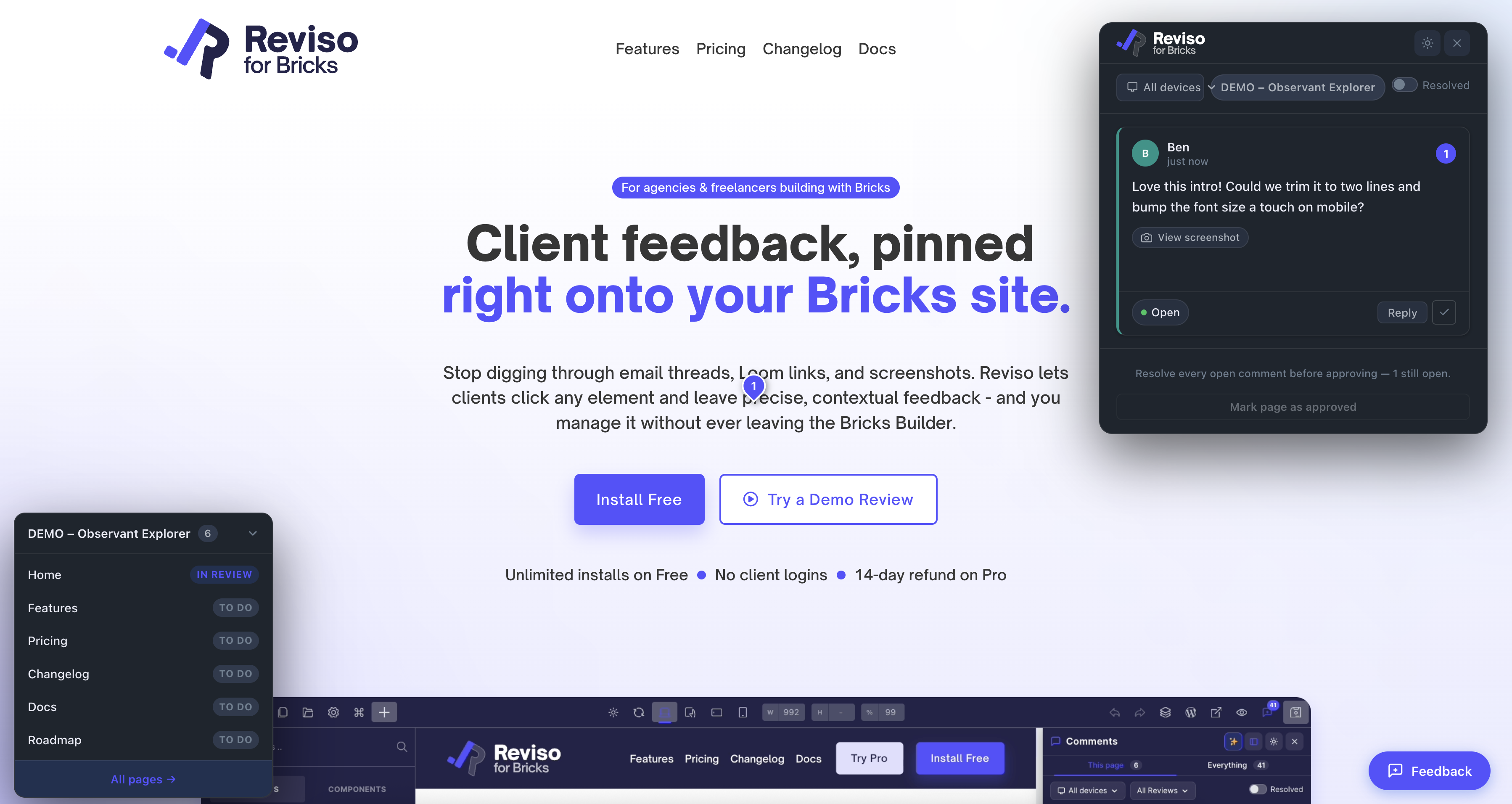 Client review link — a reviewer leaves pinned feedback and marks the page approved, no login required.