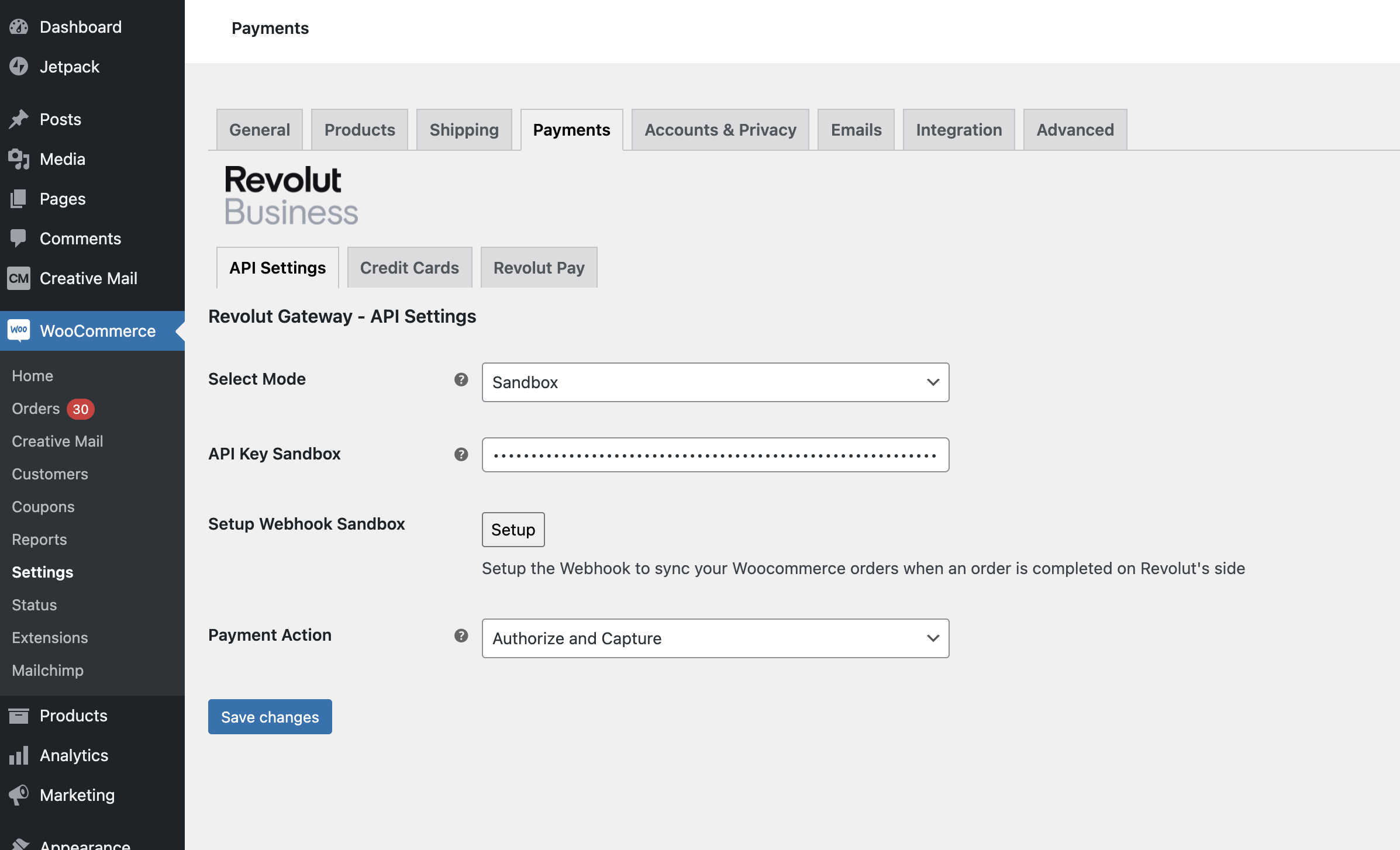 The general Revolut API settings page for the Revolut Gateway for WooCommerce plugin