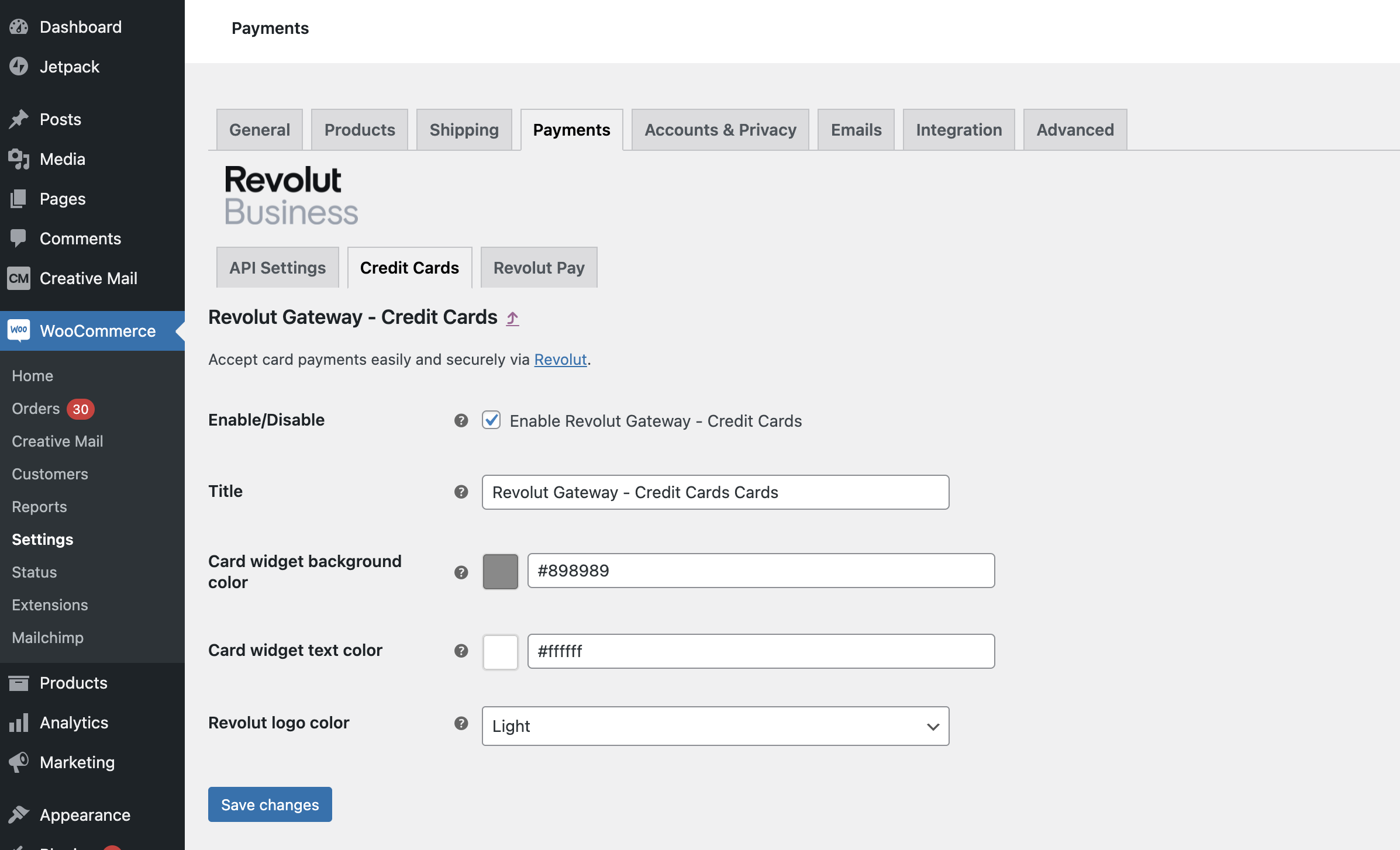 The Credit card payment settings