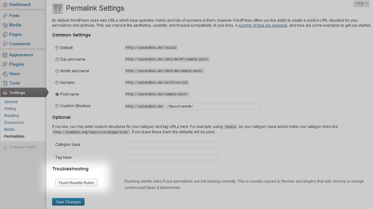 A Flush Rewrite Rules button is added to WP-Admin > Settings > Permalinks.