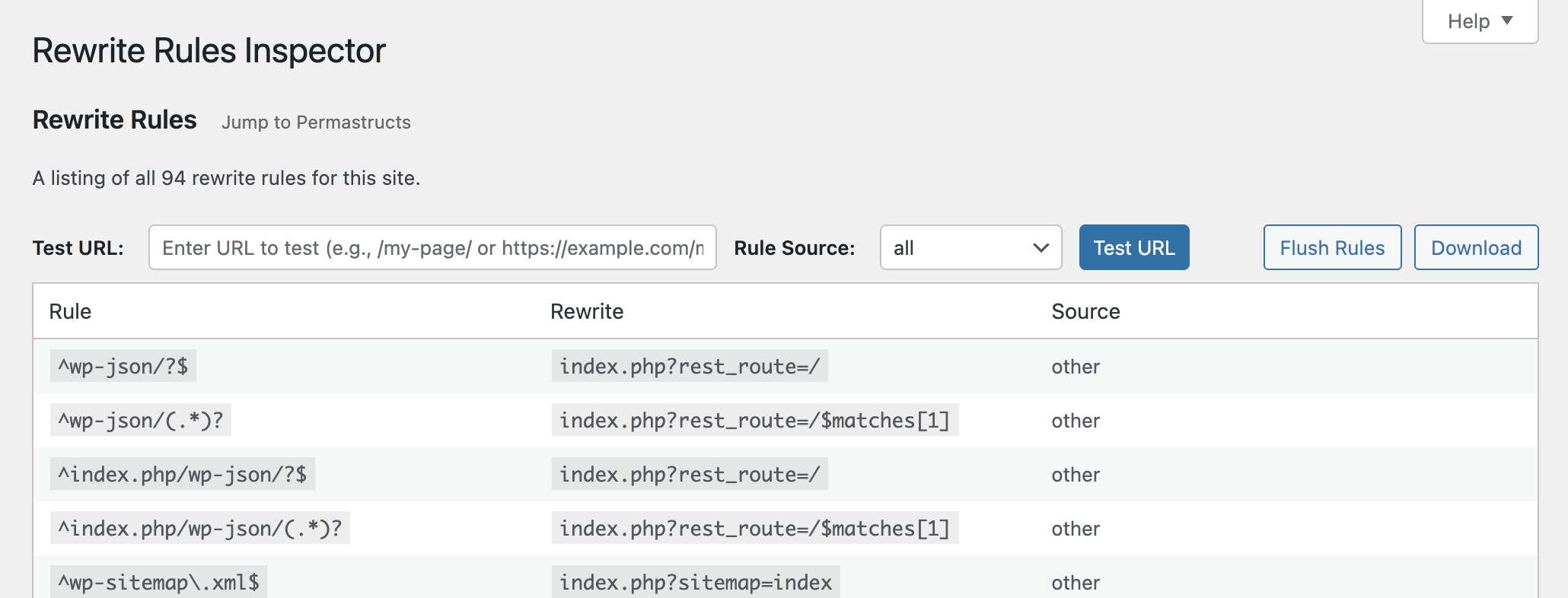 <p>See all of the rewrite rules and flush them or download them.<br />
</p>