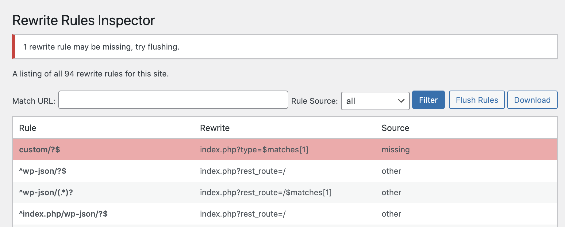 <p>An error message appears if rewrite rules are missing in the database<br />
</p>