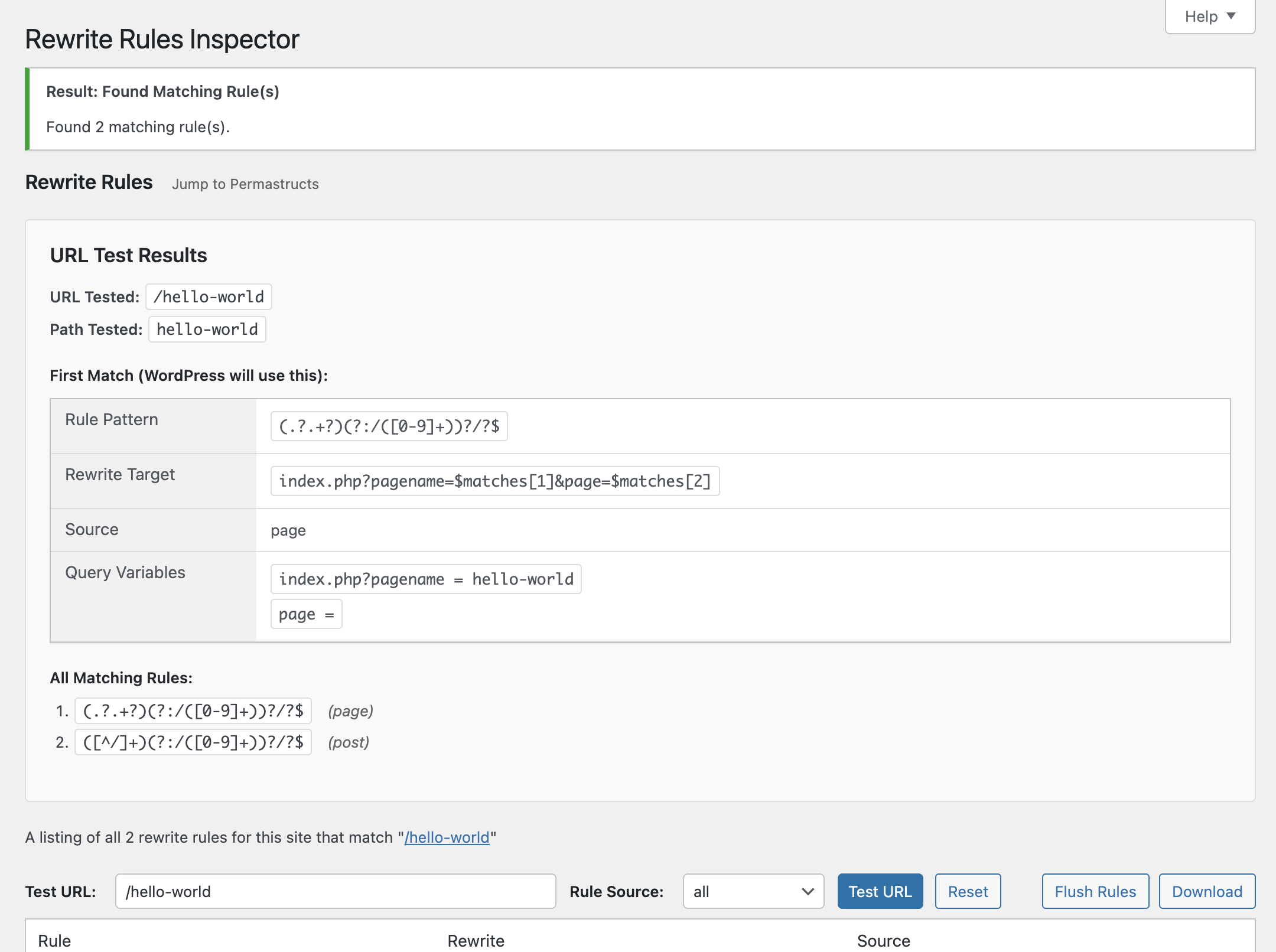 <p>Test a URL against the rules to see which one(s) would match, and the priority they would match in.<br />
</p>