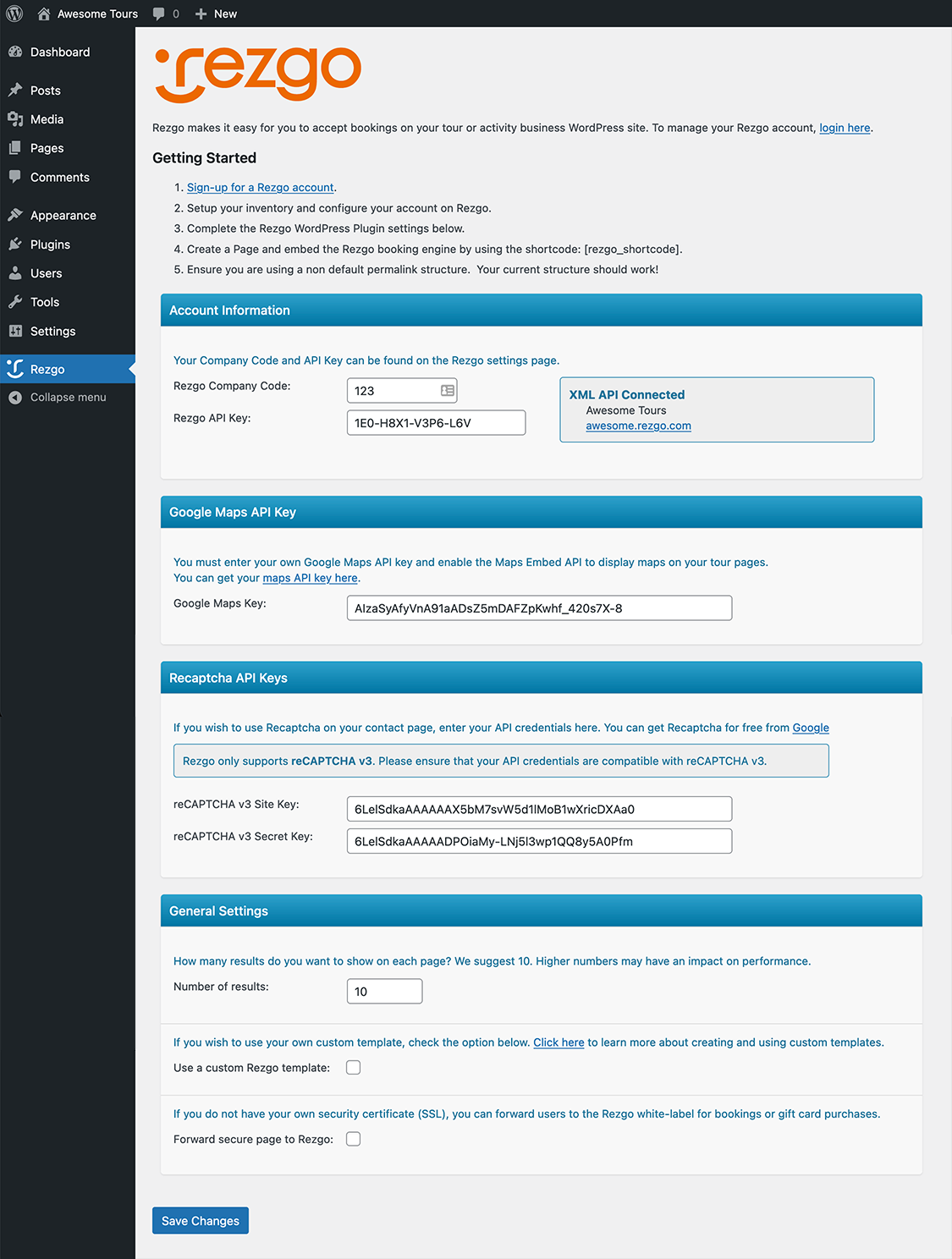 Once you activate the Rezgo WordPress plugin, you will need to enter
in your Rezgo API credentials on the Rezgo settings page located in your
WordPress Admin. Look for Rezgo in the sidebar.