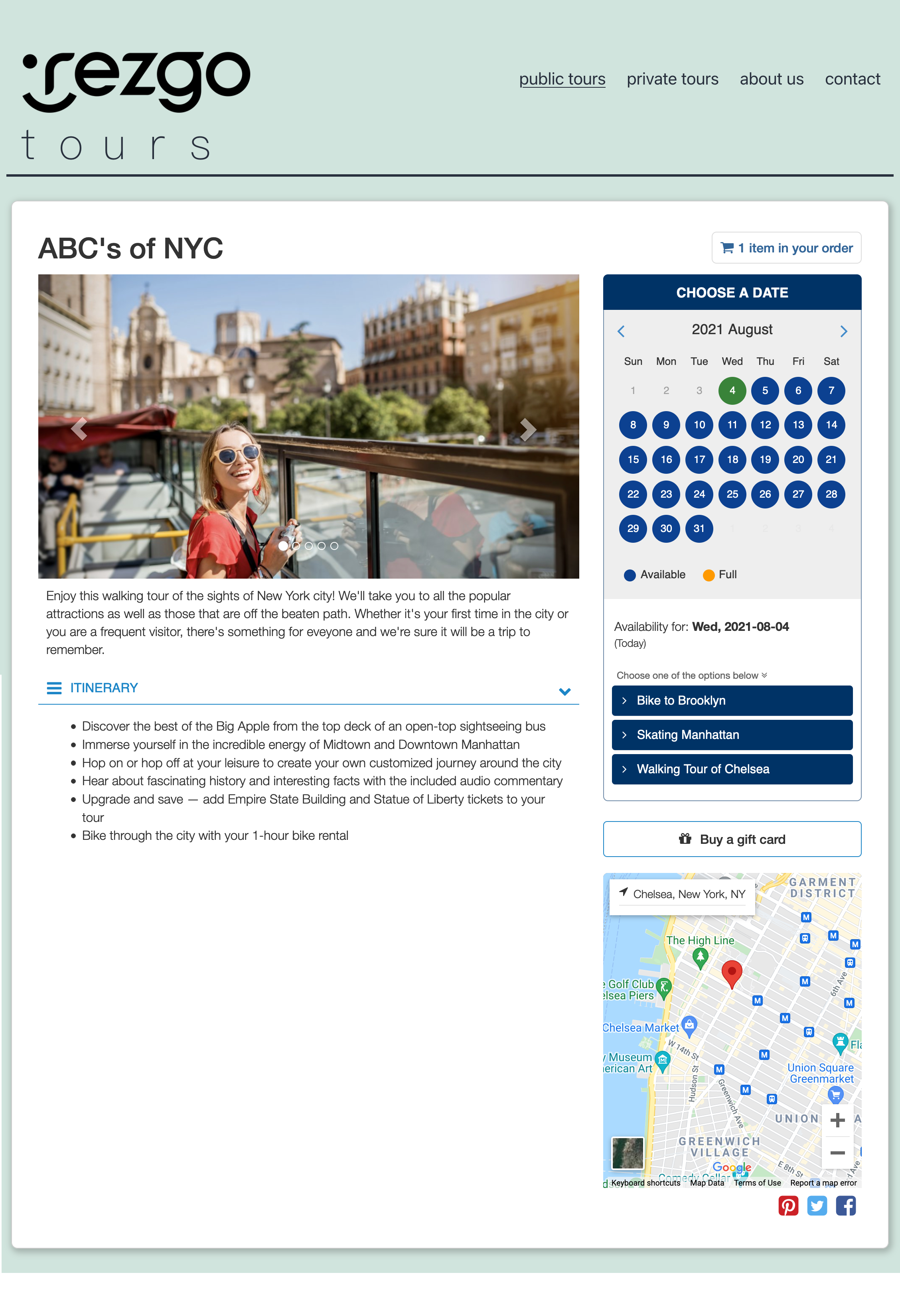 Detail pages are designed to provide your customers with all the
information they need to make a booking decision. When customers choose a date,
they are presented with a list of options. Customers can then choose a preferred
option in order to continue the booking process.