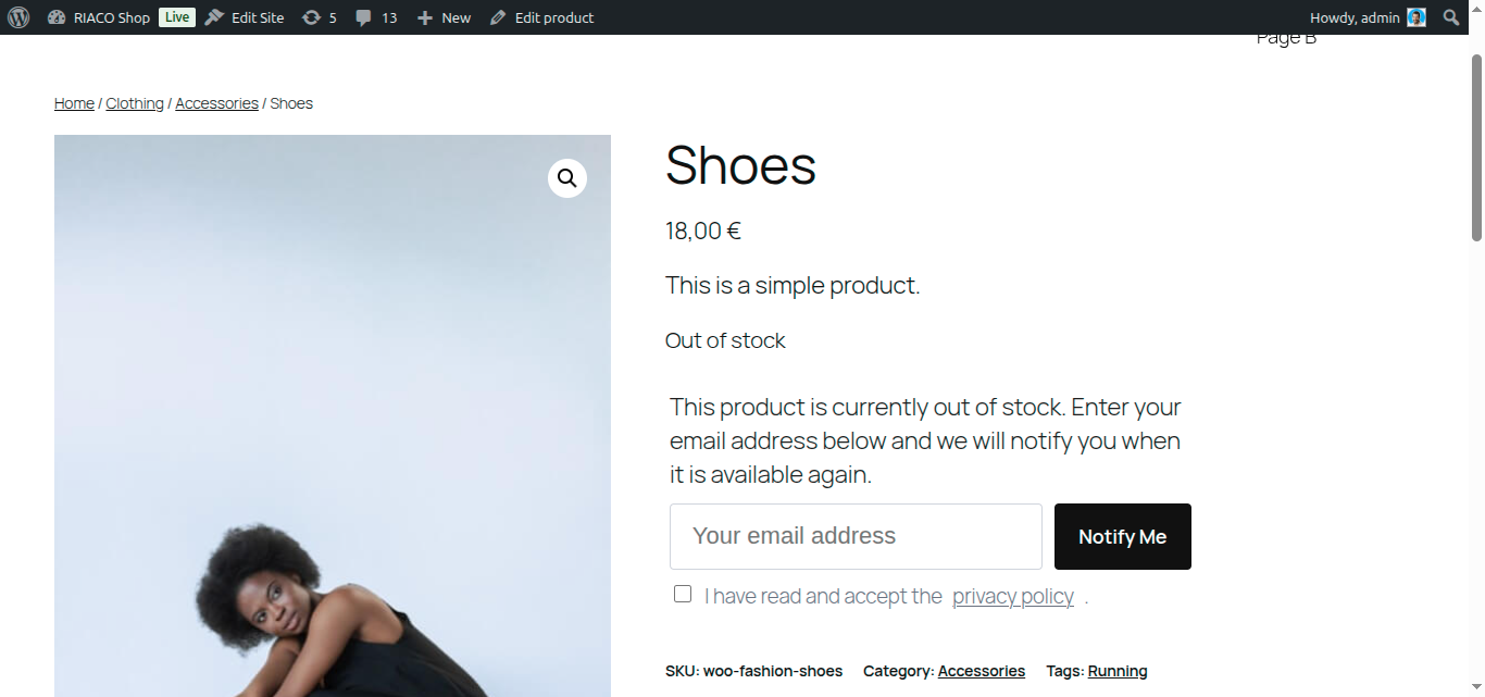 Frontend "Notify Me" signup form on an out-of-stock product.