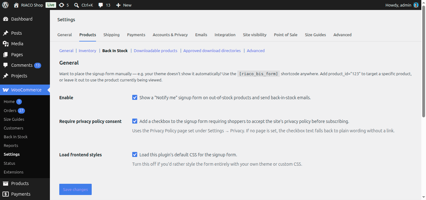 WooCommerce settings tab — enable/disable the feature.
