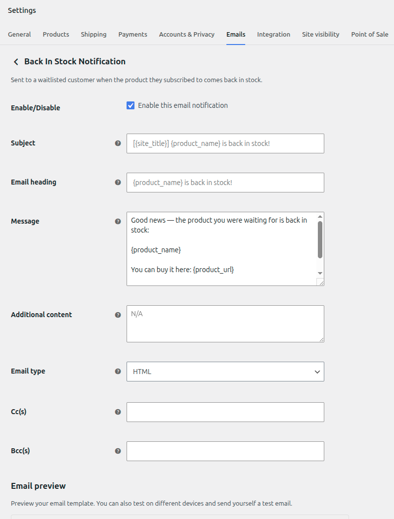 Email settings screen — customize subject and message.