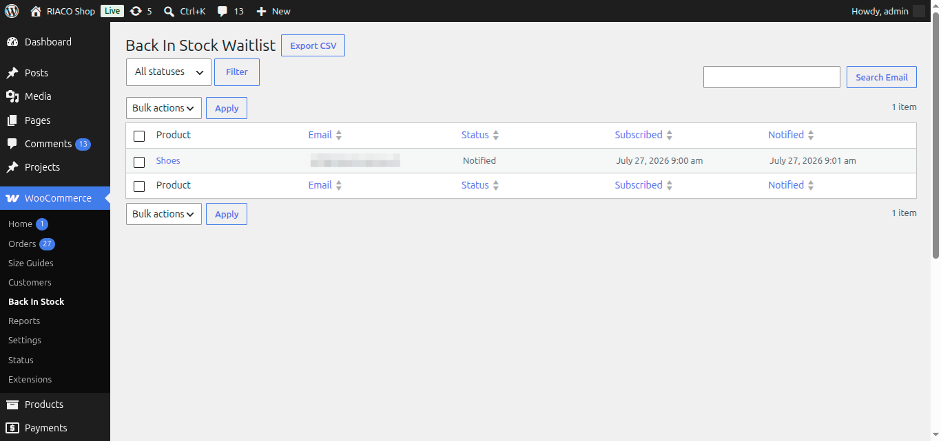 Admin waitlist screen — filter, search, and export subscribers as CSV.