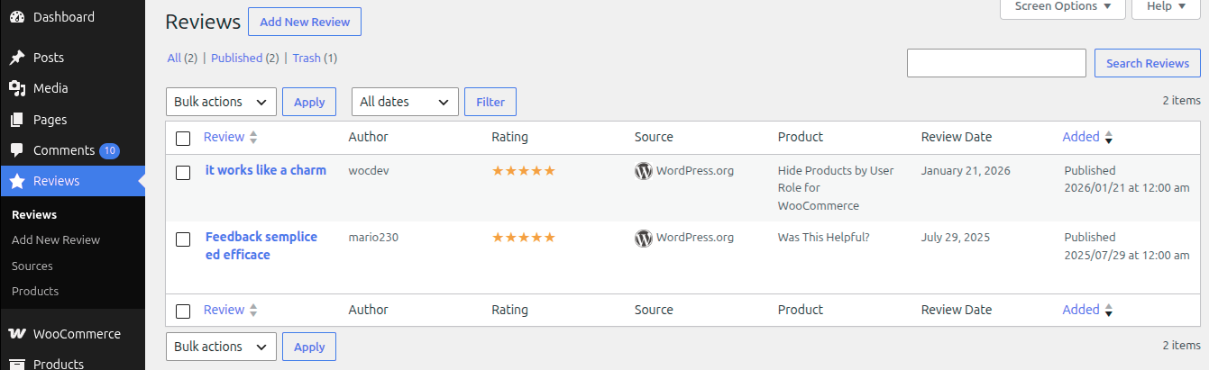 Review list admin screen — Custom admin list table showing Author, Rating (stars), Source logo, Product, and Review Date columns for quick management.