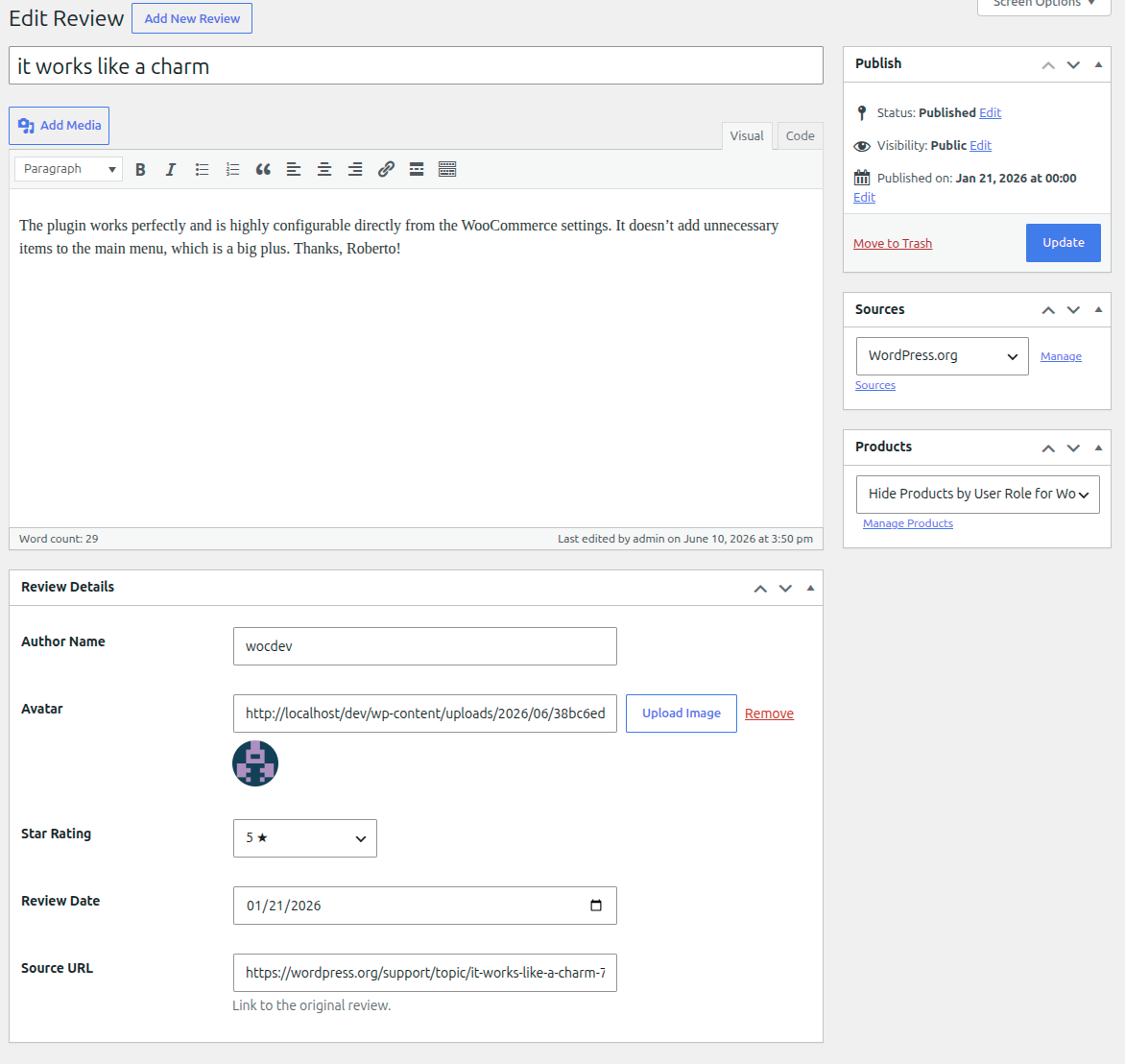 Add / Edit review screen — Post editor with the Review Details meta box (author name, avatar upload, star rating, review date, source URL) and Source / Product dropdowns in the sidebar.