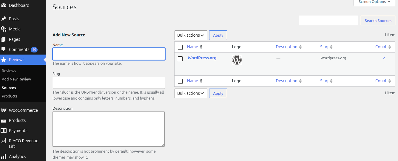 Sources admin screen — Taxonomy screen for managing review sources with logo upload and preview.