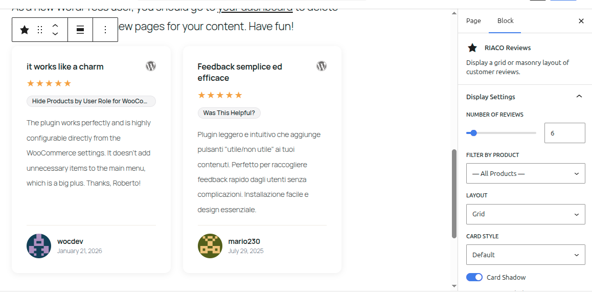 Block editor — Inspector sidebar — The Reviews block selected, showing the Inspector panels: Display Settings, Field Visibility, Sort Order, Card Colours, and Typography.