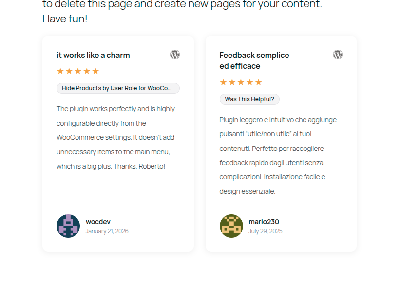 Frontend — Grid layout, Default card style — Review cards in an auto-fill grid with title, star rating, product badge, review text, avatar, and source logo.
