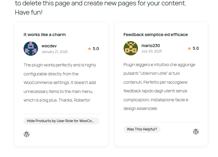 Frontend — Grid layout, Modern card style — Grid column layout with compact author + rating header row and source link in the footer.