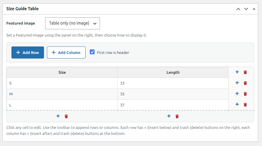 Visual table builder on the guide edit screen.