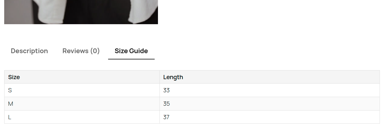 Size guide displayed as a product tab.