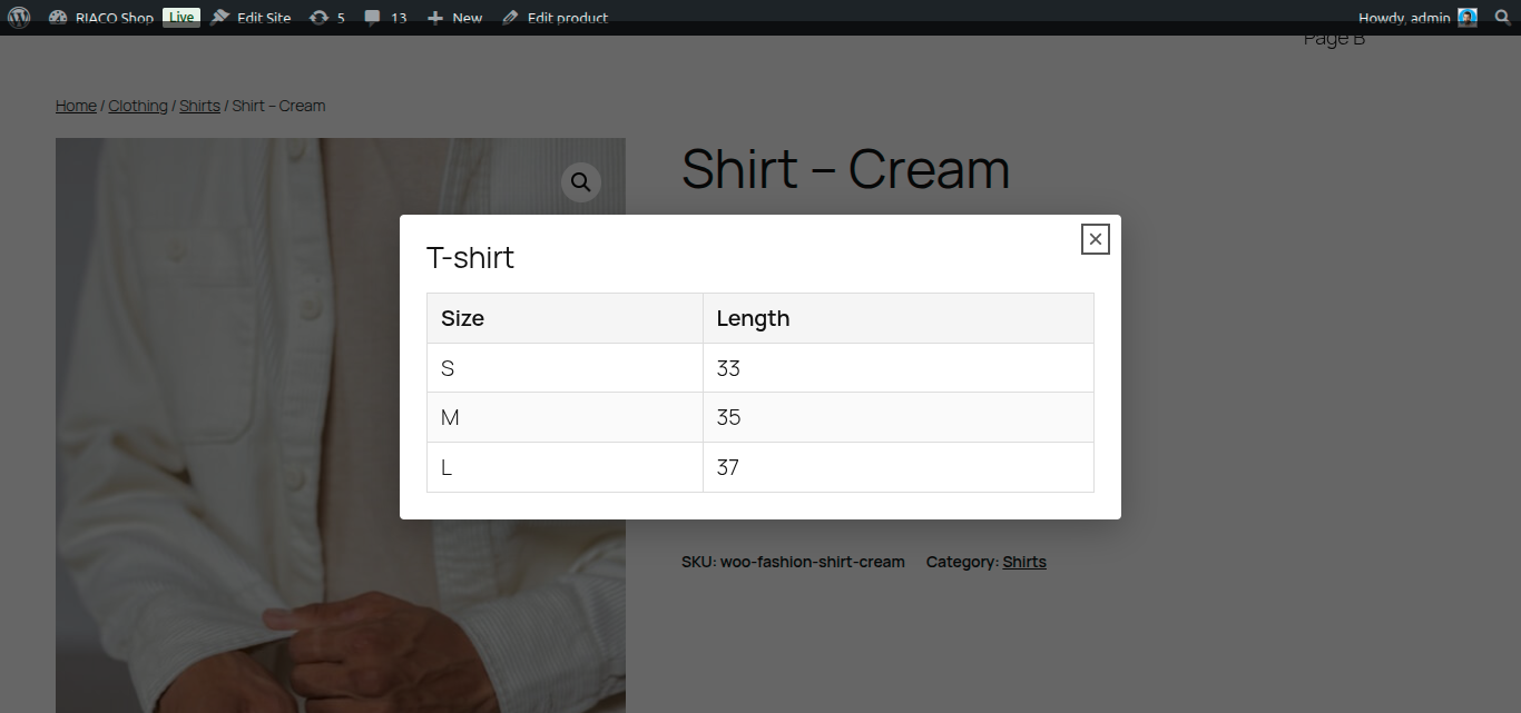 Size guide displayed as a popup modal.