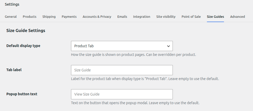 WooCommerce Settings > Size Guides tab.