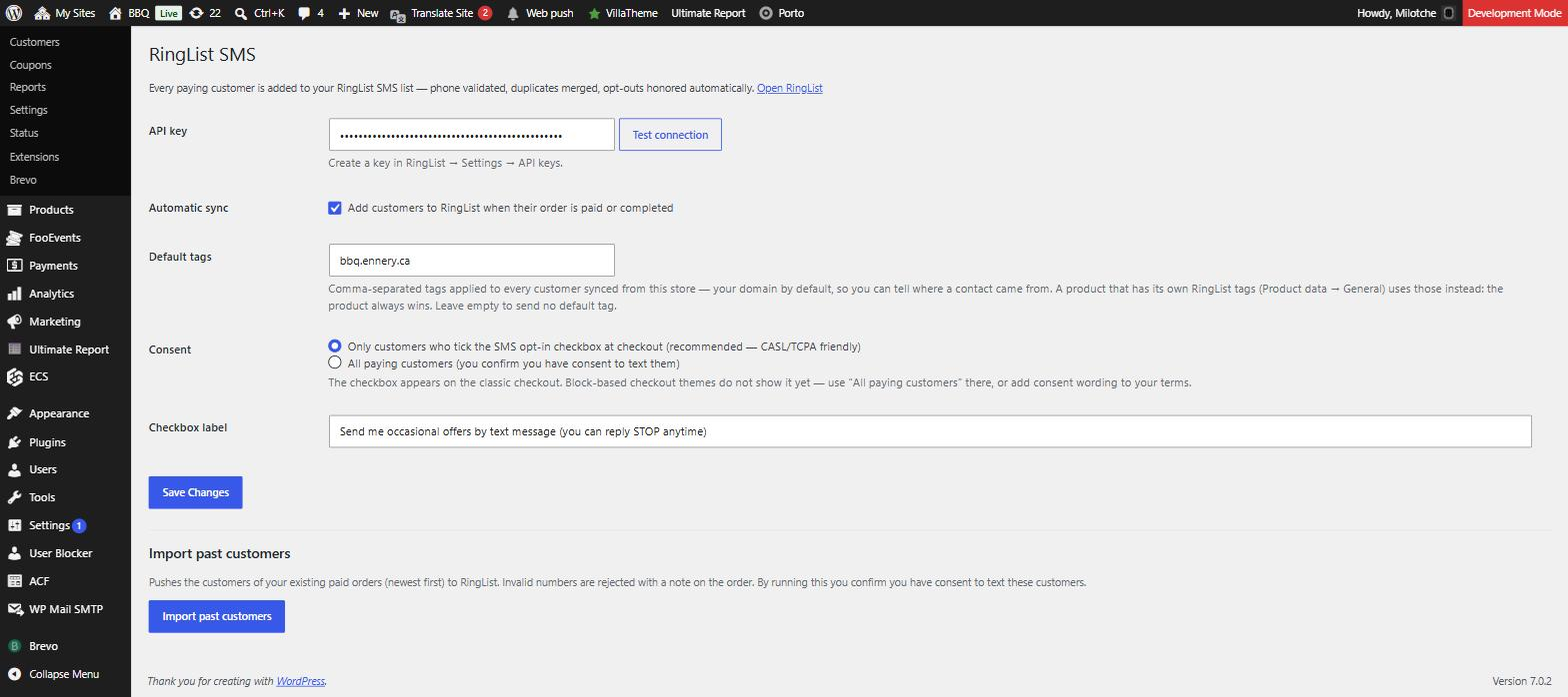 WooCommerce → RingList SMS: paste your API key, test the connection, set the tags every customer gets, and choose how consent is collected.
