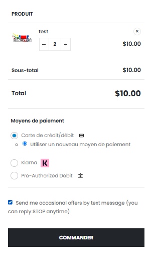 The SMS opt-in checkbox on the checkout, right above the order button. Only customers who tick it are added — unless you switch to "all paying customers".