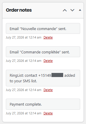 Every sync is written to the order as a note, with the normalized number RingList accepted — or the exact reason it was rejected. (Digits masked in this screenshot.)