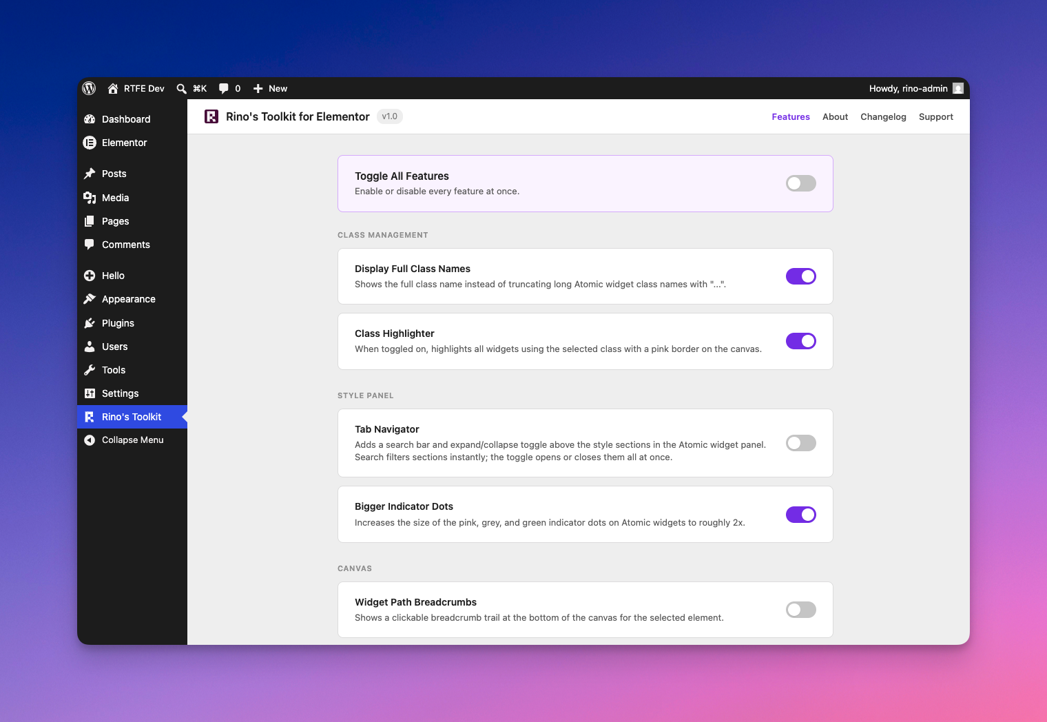 The Rino's Toolkit settings page with all feature groups.