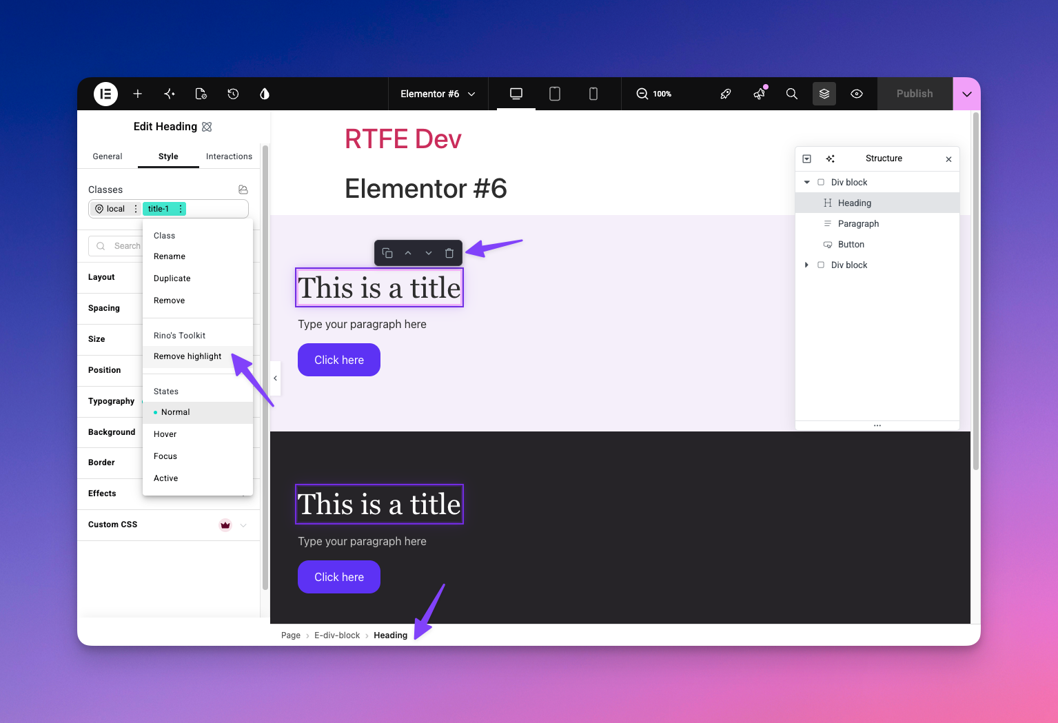 Class Highlighter, Widget Path Breadcrumbs, and Quick Action Buttons in action inside the Elementor editor.