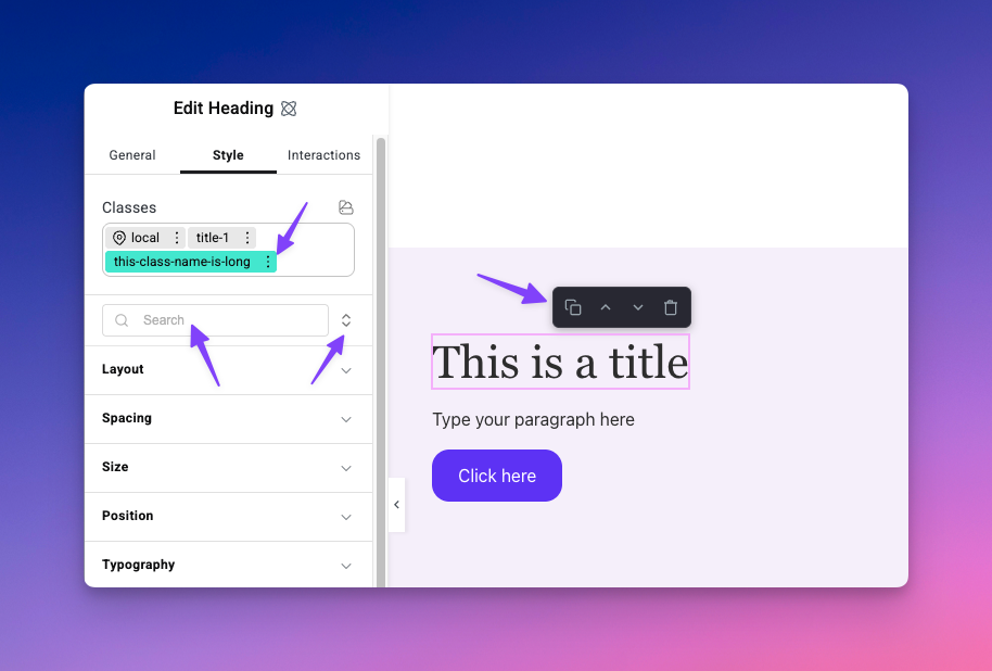 Display Full Class Names with the Tab Navigator search bar and expand/collapse toggle above the style sections.