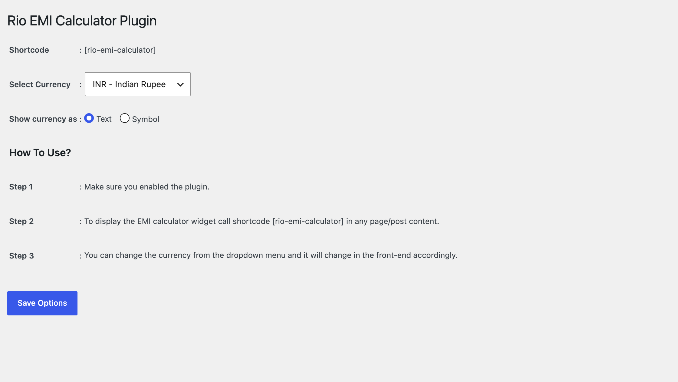 The settings page with the shortcode and currency options.