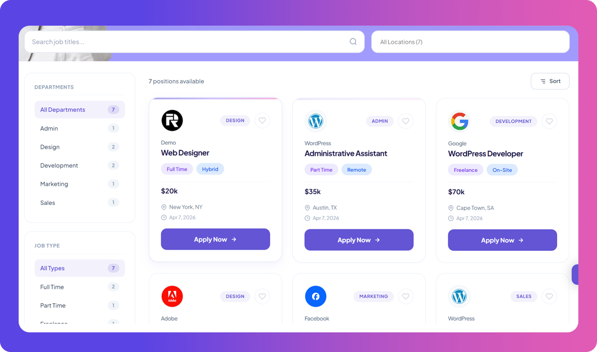 Frontend careers page with search, location dropdown, filters, and modern job cards