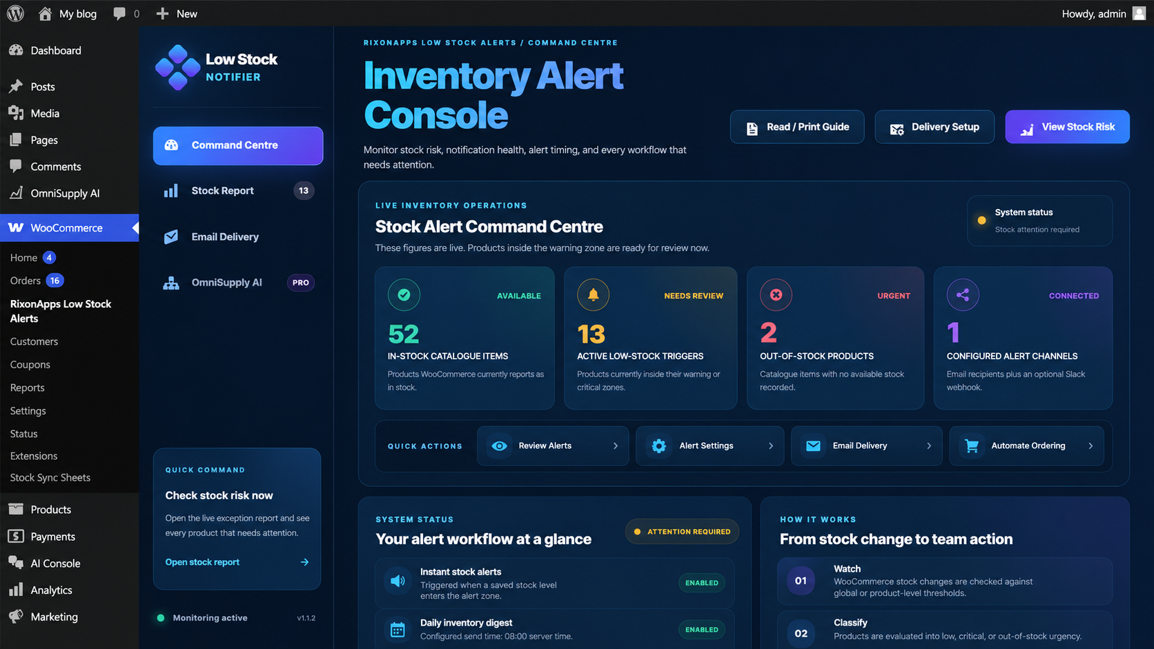 Inventory operations dashboard — live stock health, alert workflow status and quick actions