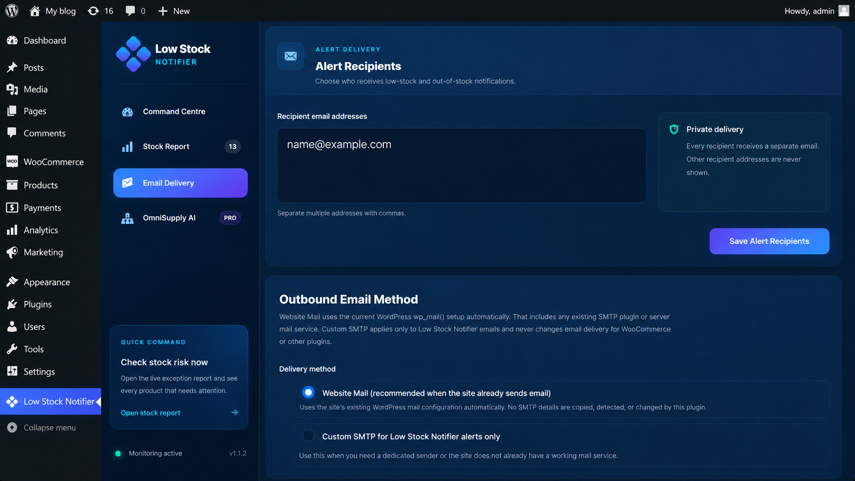 Email Delivery page — configure alert recipients and choose Website Mail or custom SMTP
