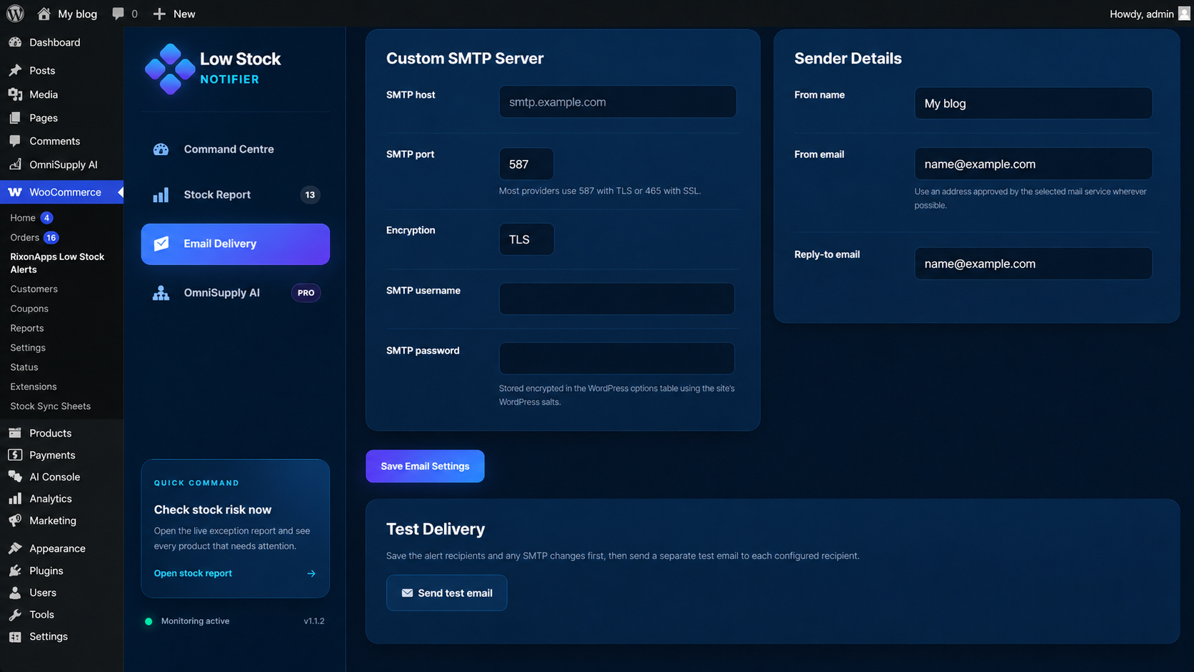 Custom SMTP settings — configure sender details and test email delivery