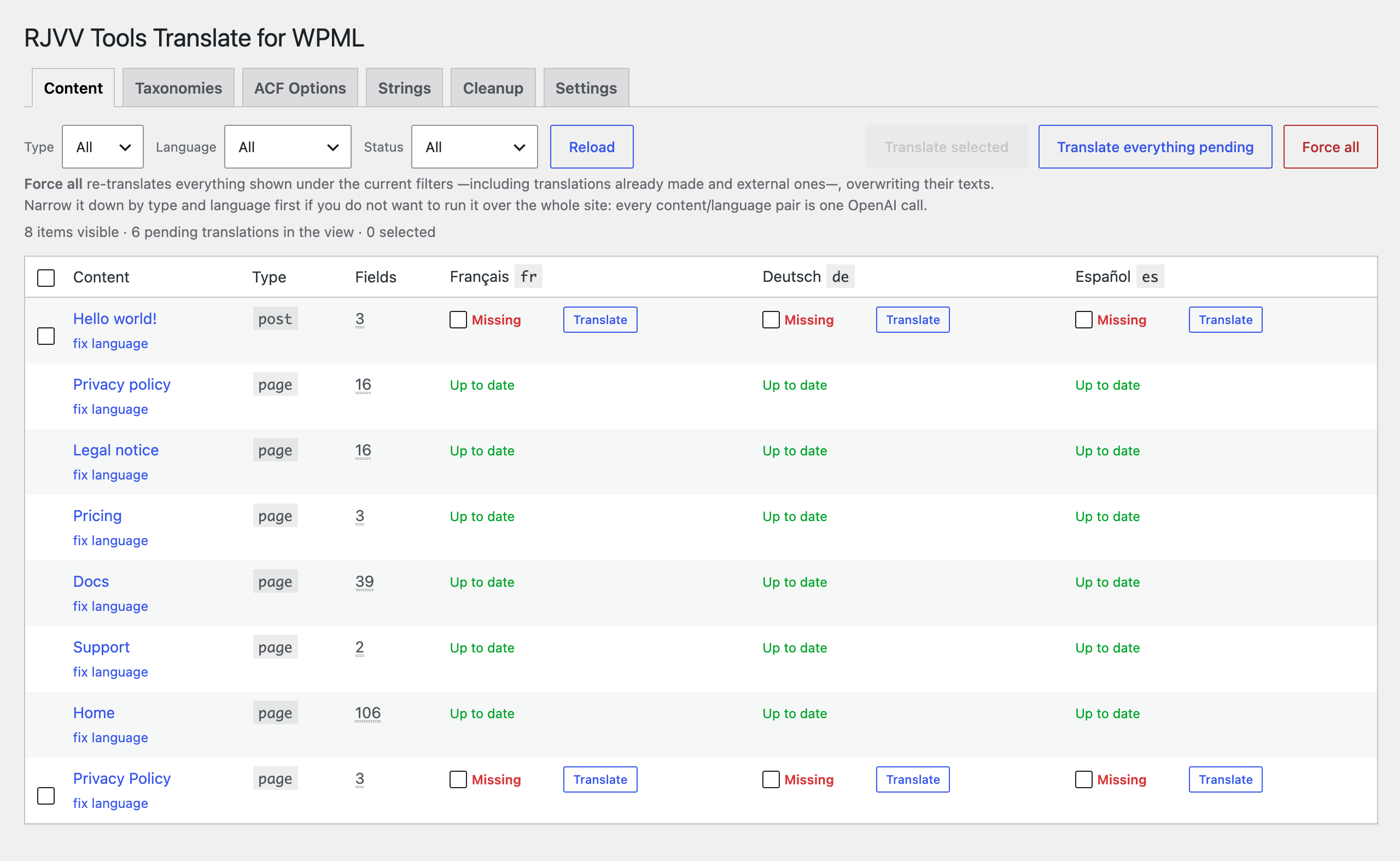 Content tab: every original with its status per language, filters and batch actions.