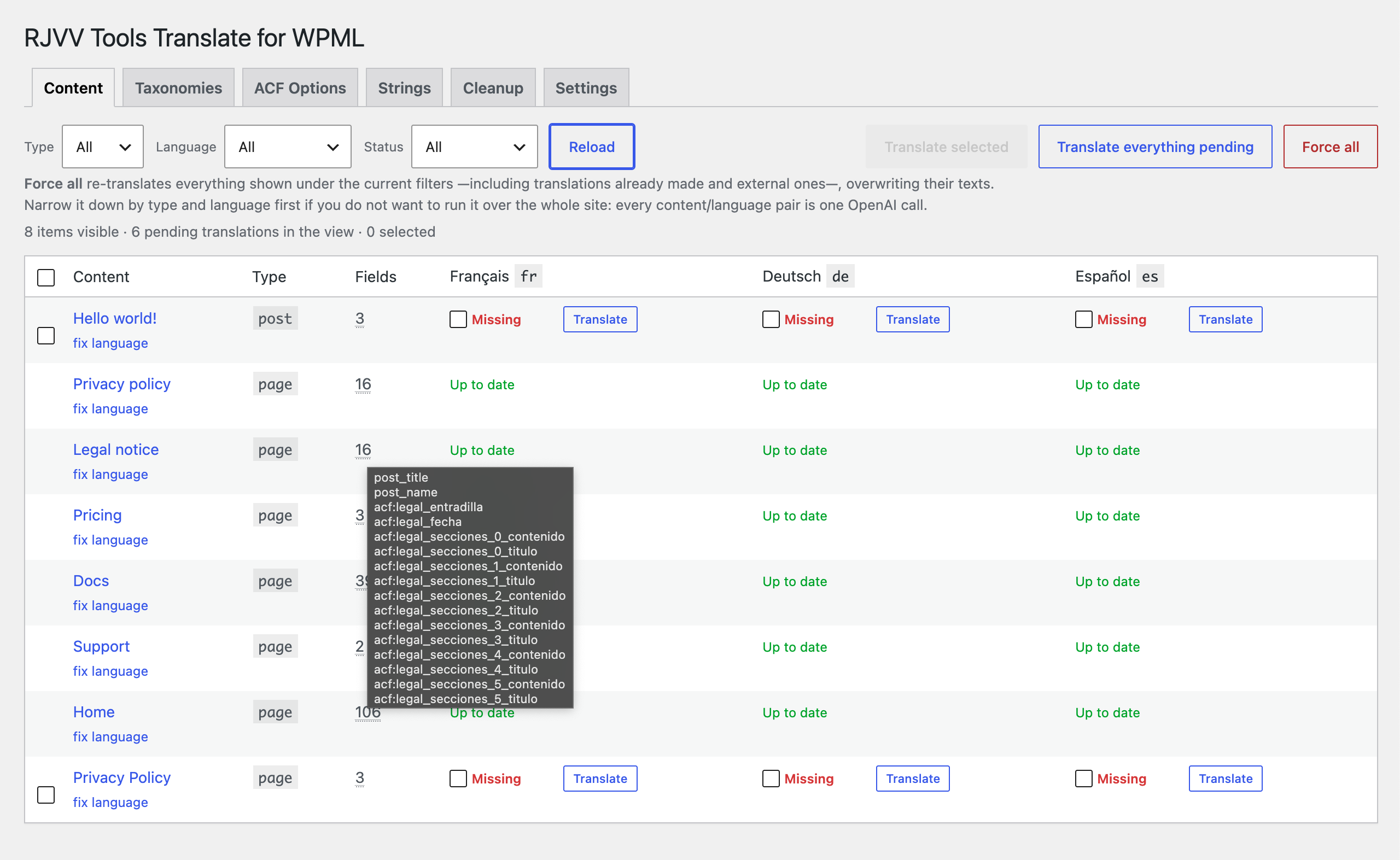 Settings: API key, model, source language, excluded fields and instructions for the model.