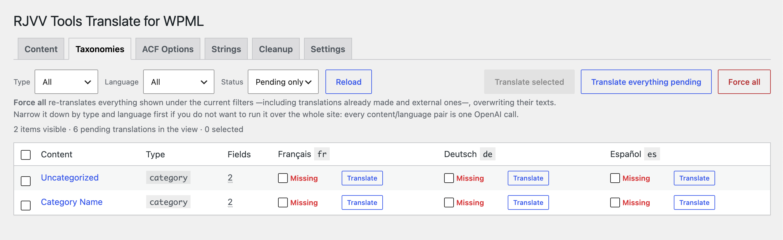Taxonomies tab, with terms and their own ACF fields.